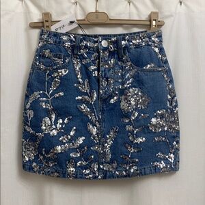 Nasty Gal Sequin Mini Jean Skirt in Blue Denim Sparkly Party Going Out